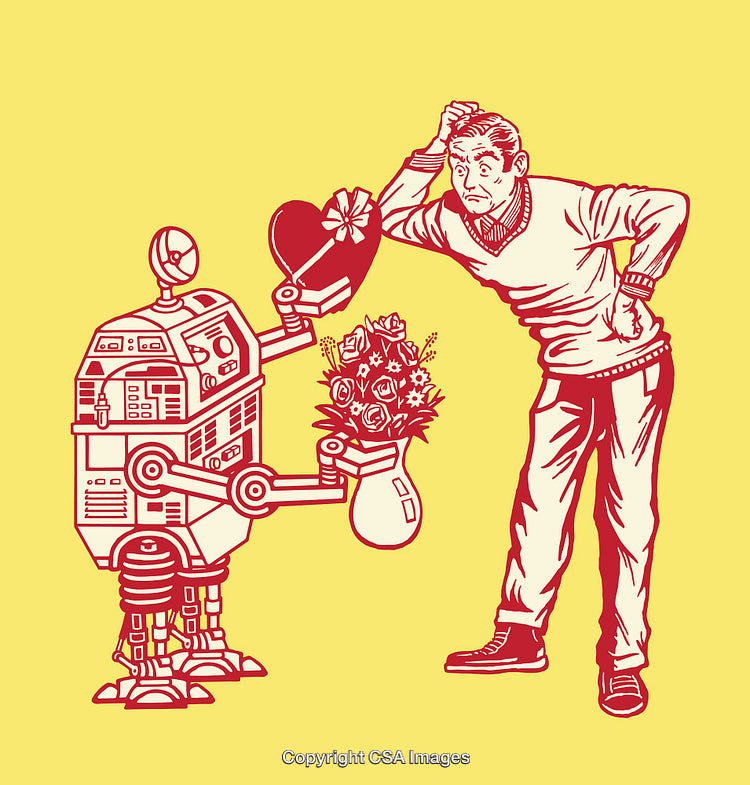 Humorous Illustration Of A Robot Giving Flowers and Heart to Man