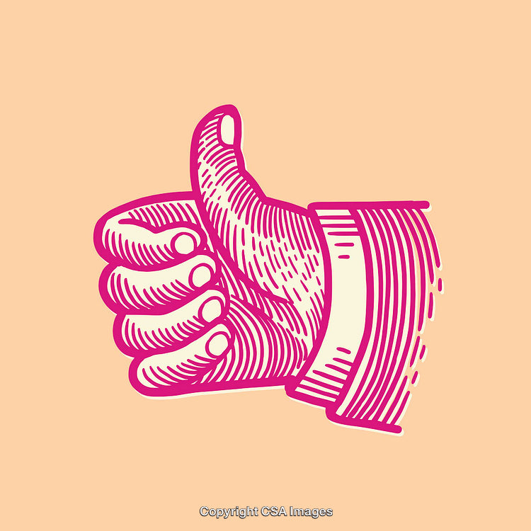 Vintage Engraved Thumbs Up in Pink on a Beige Background