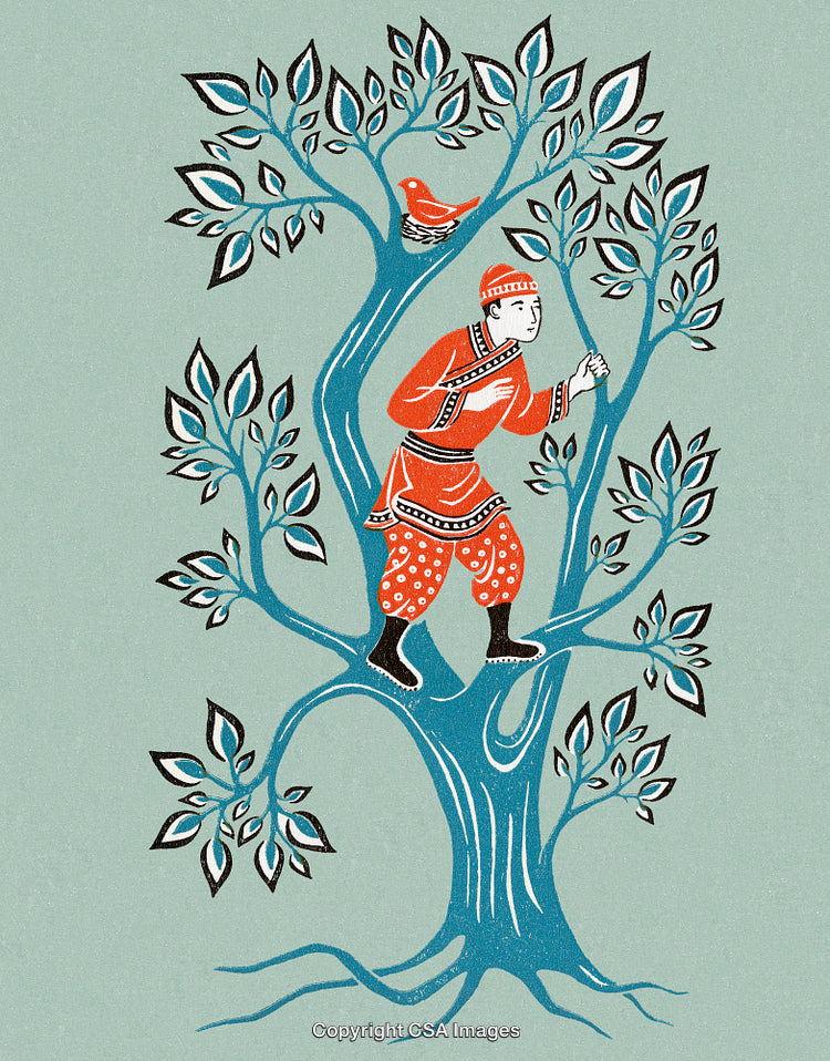 Illustration of a Character Climbing a Tree with Bird and Artistic Details