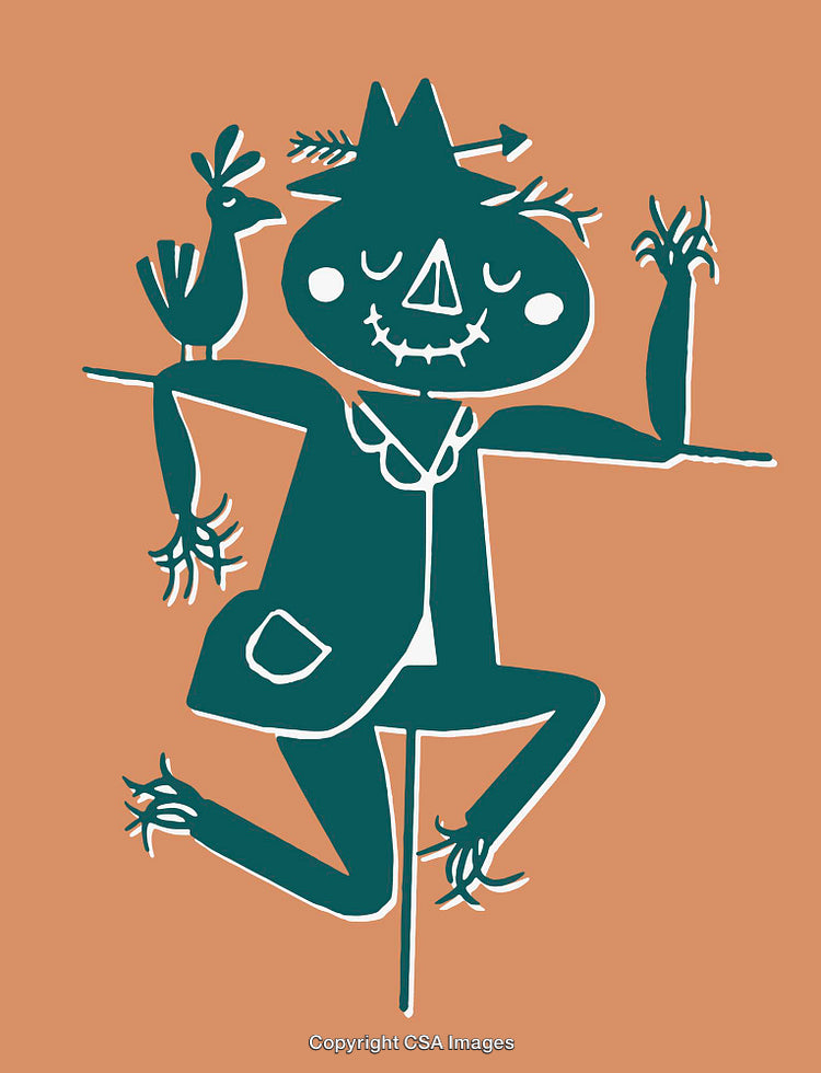 Colorful Illustration of a Cheerful Scarecrow with Bird on an Orange Background
