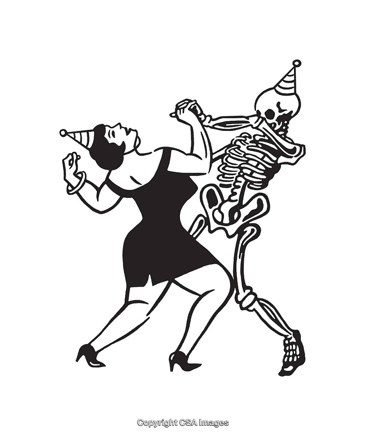 Illustration of a Woman Dancing with a Skeletal Partner in Party Hats