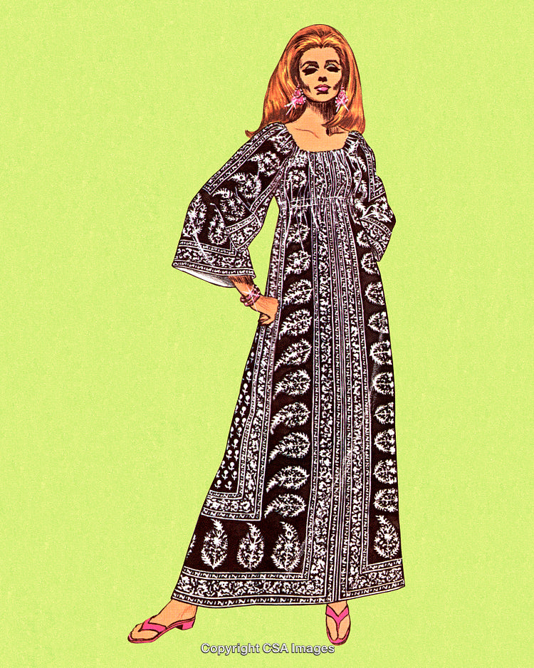 Stylish Woman in a Vintage Bohemian Dress with Ornate Pattern Design