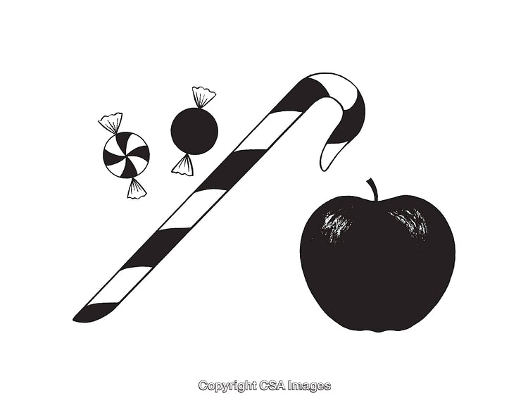 Black and White Line Art of Candy and Apple Objects