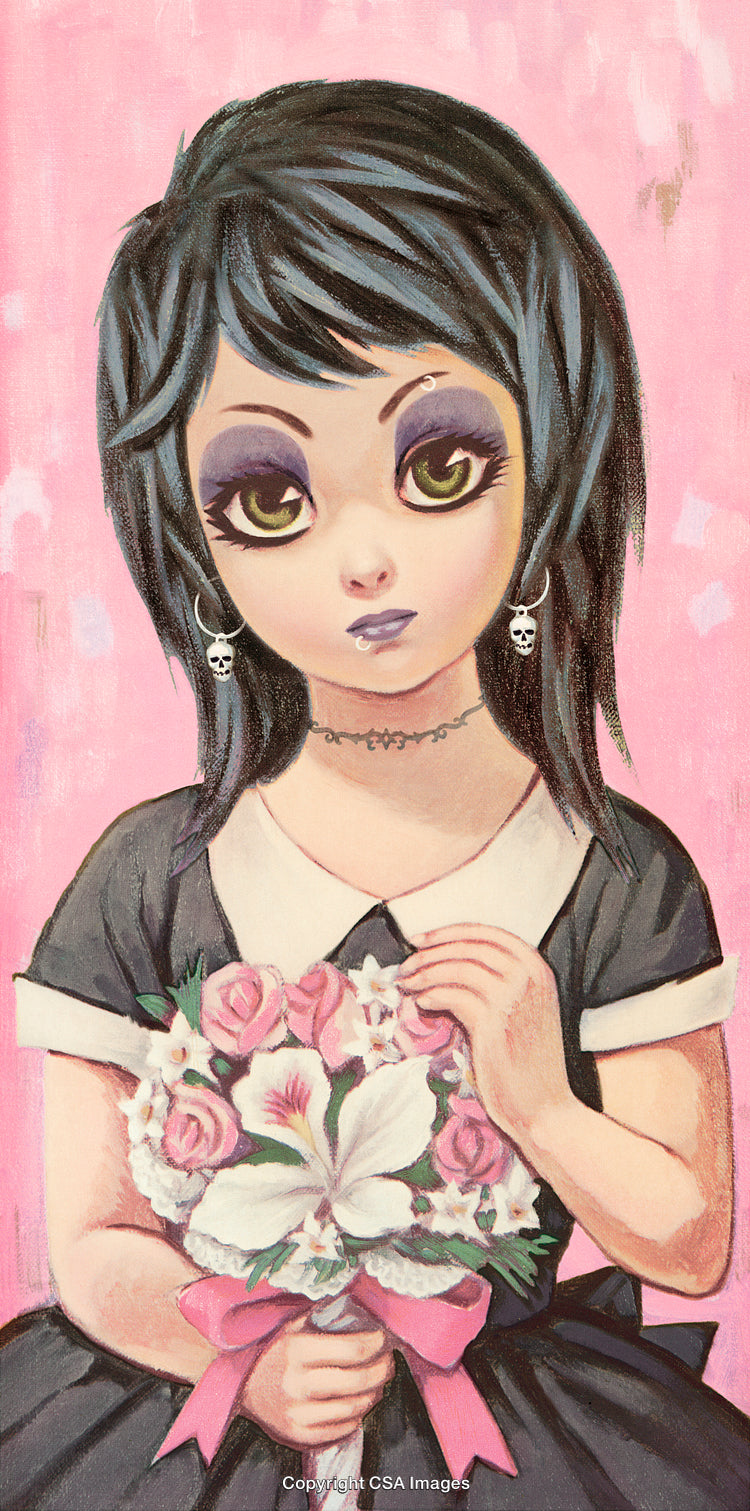 Charming Gothic-Inspired Artwork of a Girl Holding a Floral Bouquet