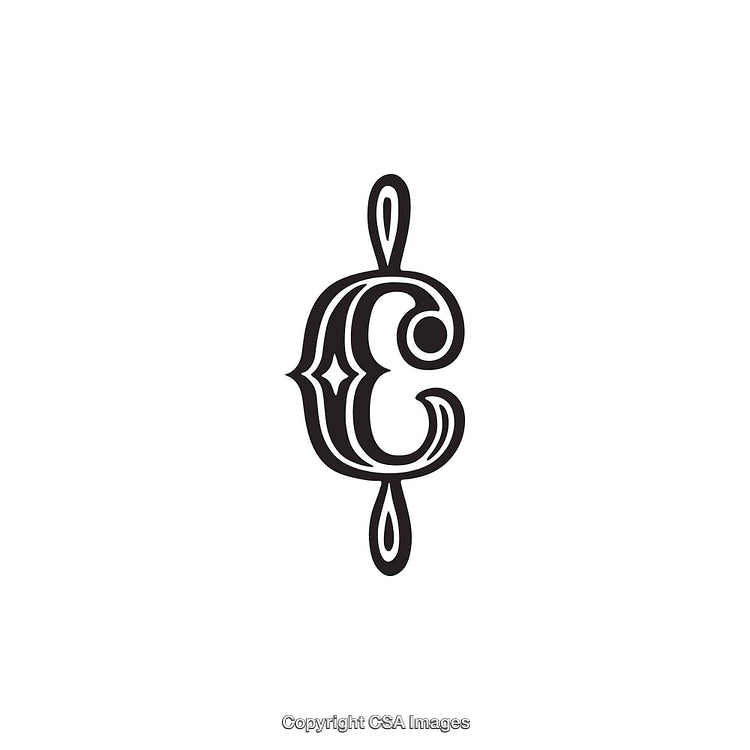 Ornamental cent symbol with Decorative Accents in Black on White