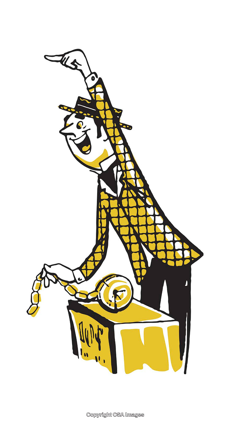 Vintage Illustration of a Cheerful Salesman Demonstrating a Product on Display