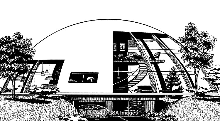 Black and White Engraved Illustration of a Dome-Shaped Modern House