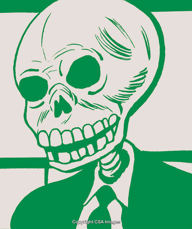 Illustration of a Skeleton in Business Attire in Green Hue
