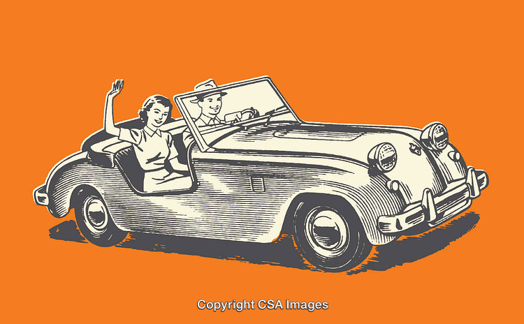 Vintage Illustration of Smiling Couple in Convertible Car on Orange Background
