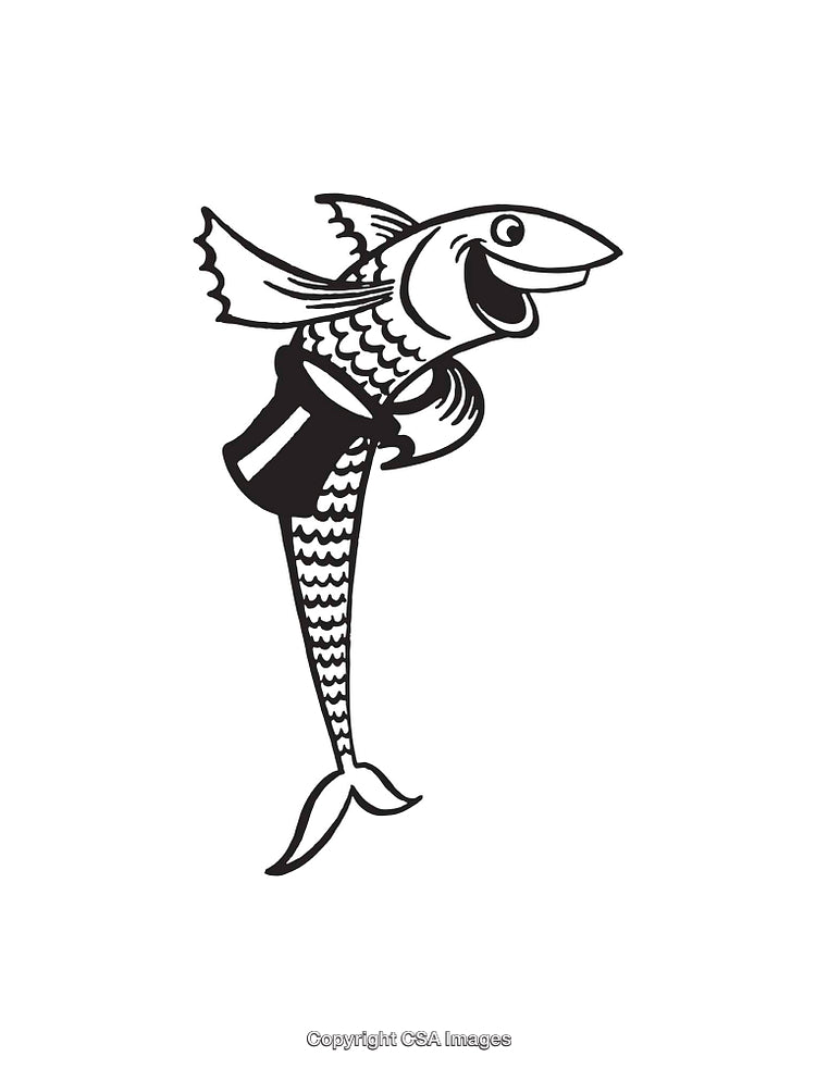 Black and White Illustration of a Fish Emerging from a Top Hat