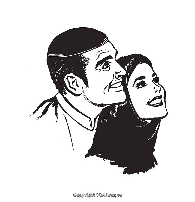 Black and White Line Art Illustration of Smiling Couple Looking Upwards