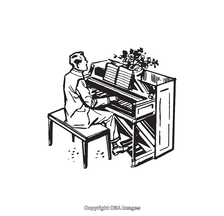 Black and White Line Art of a Man Playing the Piano