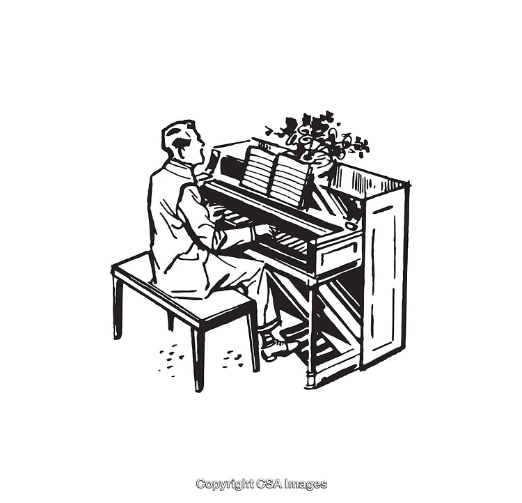 Black and White Line Art of a Man Playing the Piano