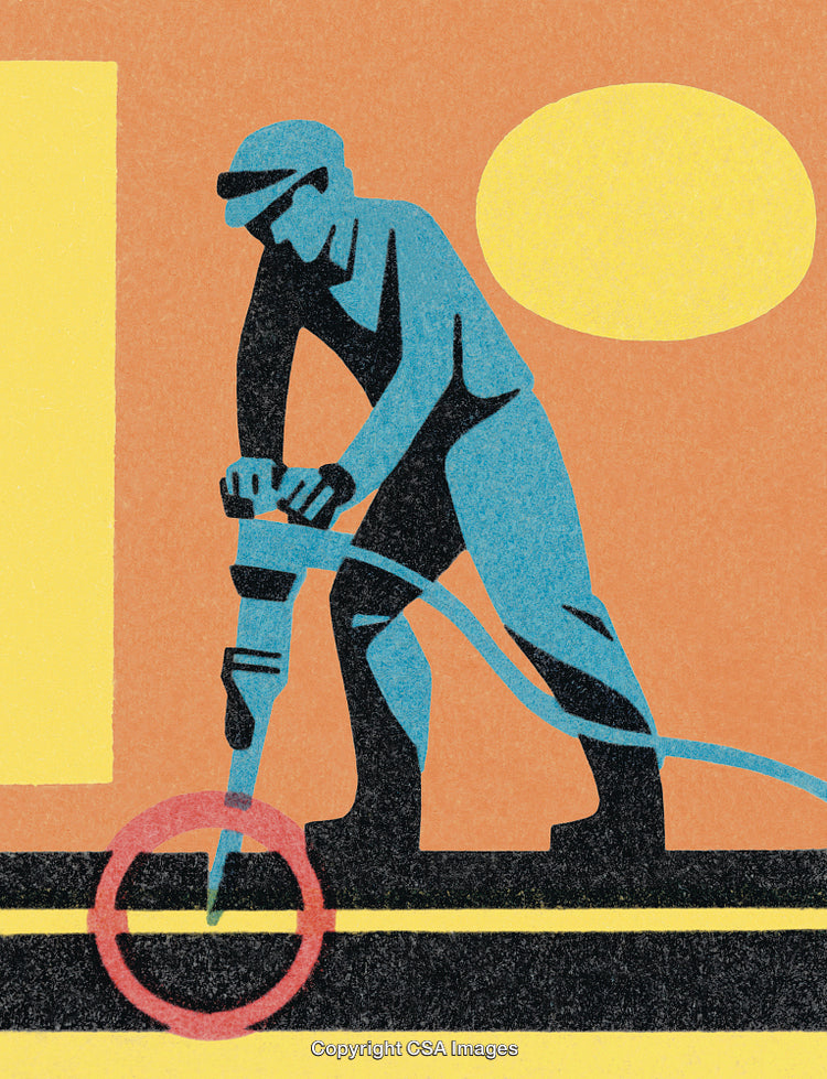 Worker Operating a Jackhammer in a Colorful Industrial Style Illustration