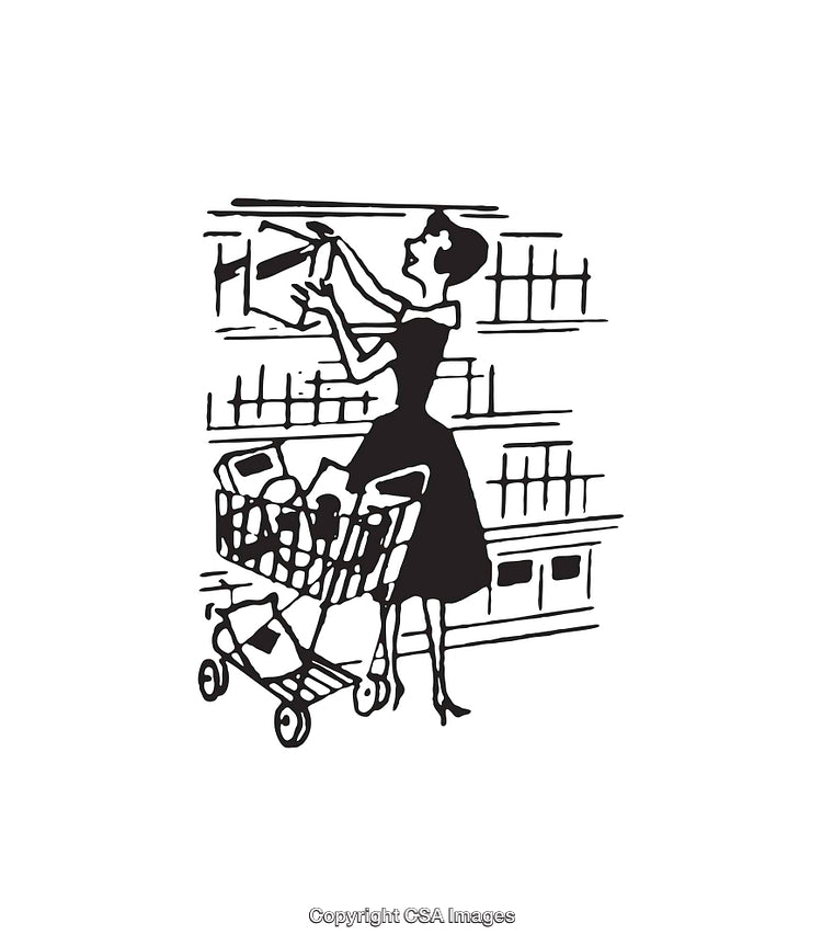 Vintage Line Art of a Woman Shopping in a Supermarket