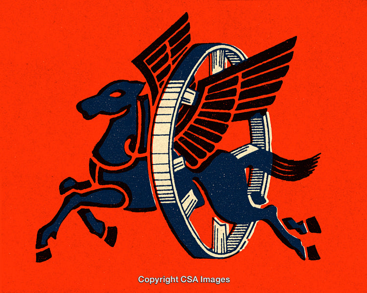 Vintage Pegasus Art with Bold Red and Blue Graphic Design