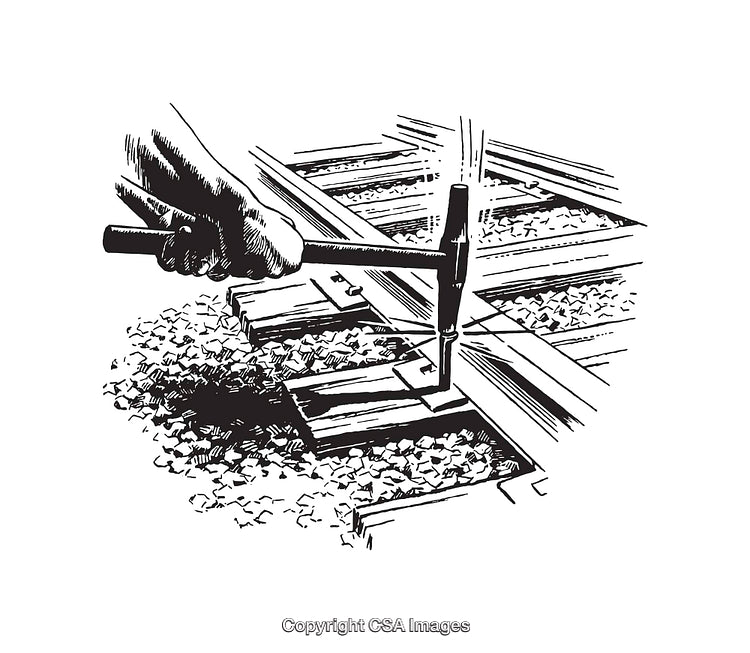 Hand Hammering Railway Track with Black and White Line Art Illustration