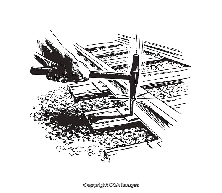 Hand Hammering Railway Track with Black and White Line Art Illustration