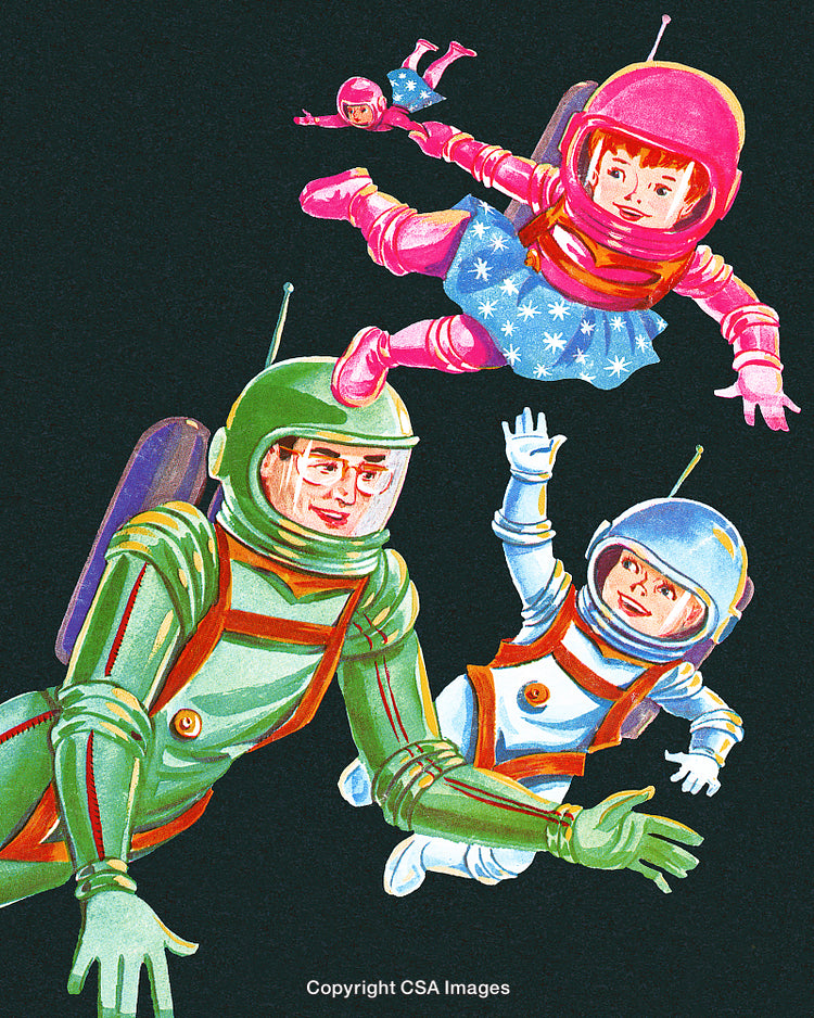 Family Enjoying Weightless Fun in Space Wearing Vibrant Colorful Spacesuits