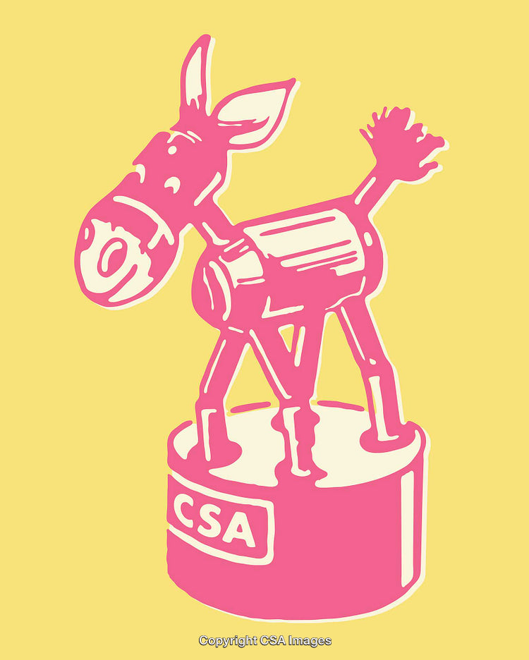 Colorful Line Art Illustration of a Donkey Sculpture on a Yellow Background