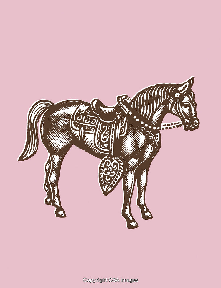 Vintage Engraving of Saddled Horse on Pink Background with Ornate Details