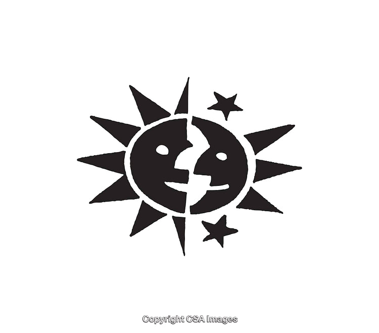 Intricate Black and White Sun and Moon Illustration with Stars
