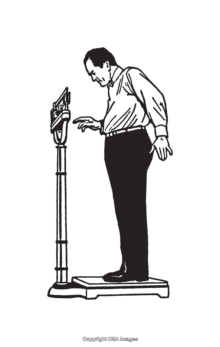 Black and White Illustration of a Man Checking Weight on Scale