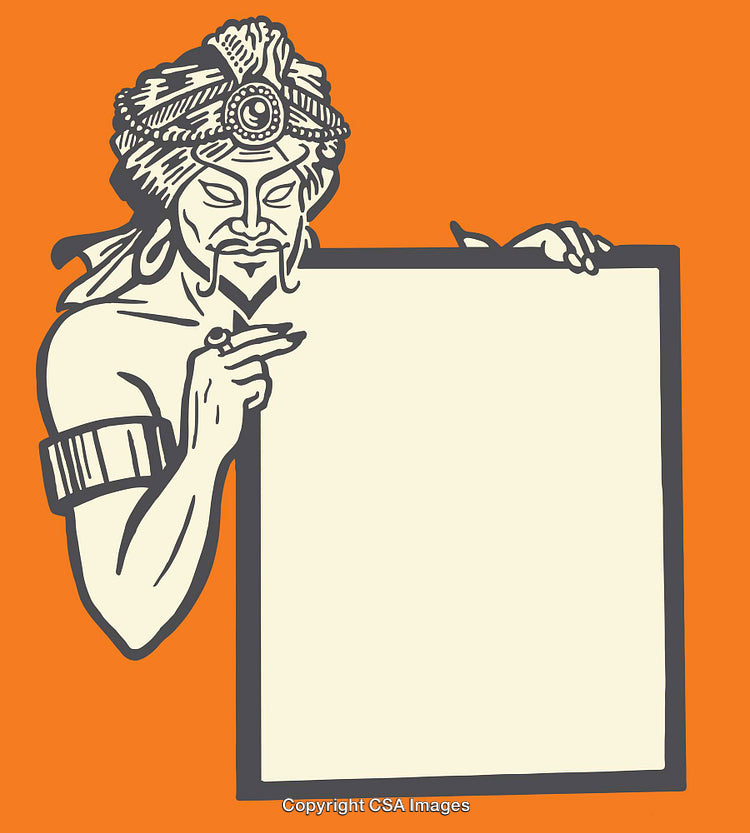 Colorful Illustration of a Mystic Figure with Blank Sign on Orange Background