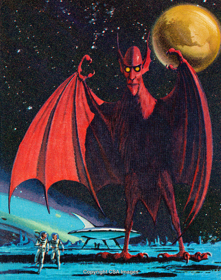 Retro Sci-Fi Artwork of Astronauts Confronting a Giant Alien Demon on Another Planet