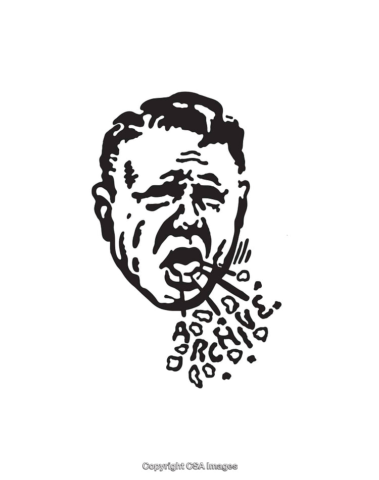 Expressive Black and White Line Art Face Illustration Exhaling Styled Words