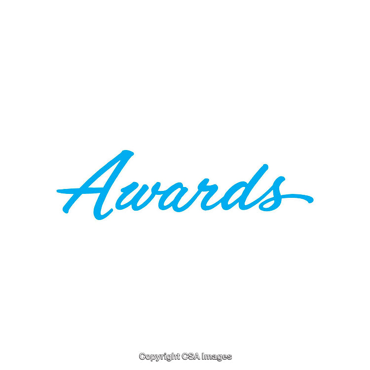 Blue Script Text Depicting the Word Awards on a White Background