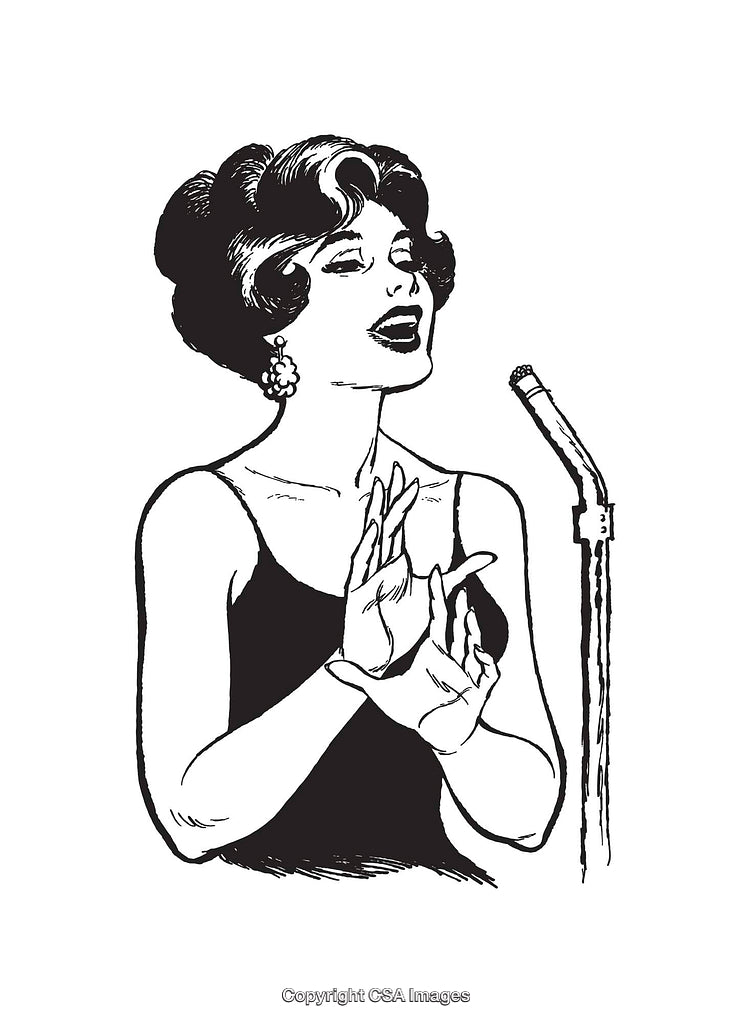 Elegant Woman Singing Into Microphone in Black and White Illustration