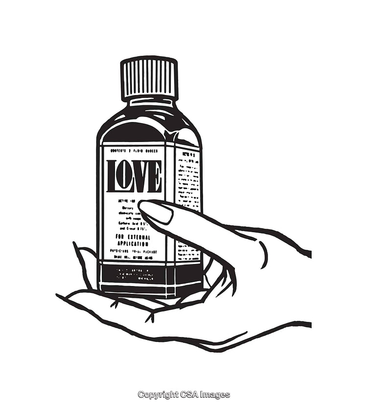 Illustration of a Hand Holding a Bottle Labeled "Love," Black and White