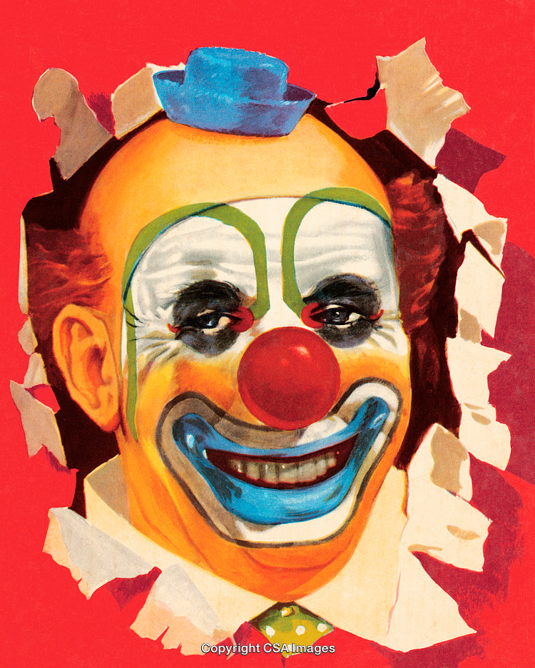 Smiling Clown in Colorful Makeup with a Bold Red Background