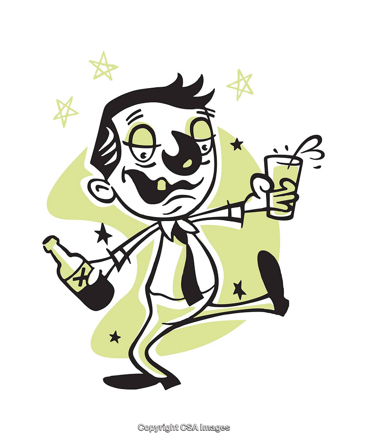Cartoon Illustration of a Cheerful Man Holding Drinks in a Fun Atmosphere