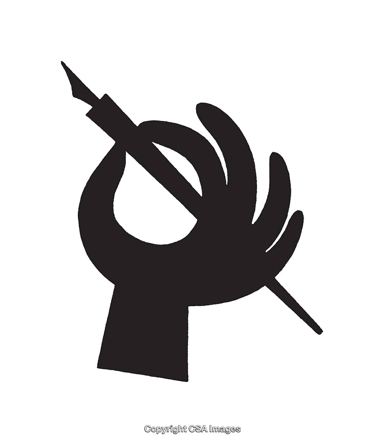 Black and White Stylized Illustration of a Hand Holding a Fountain Pen