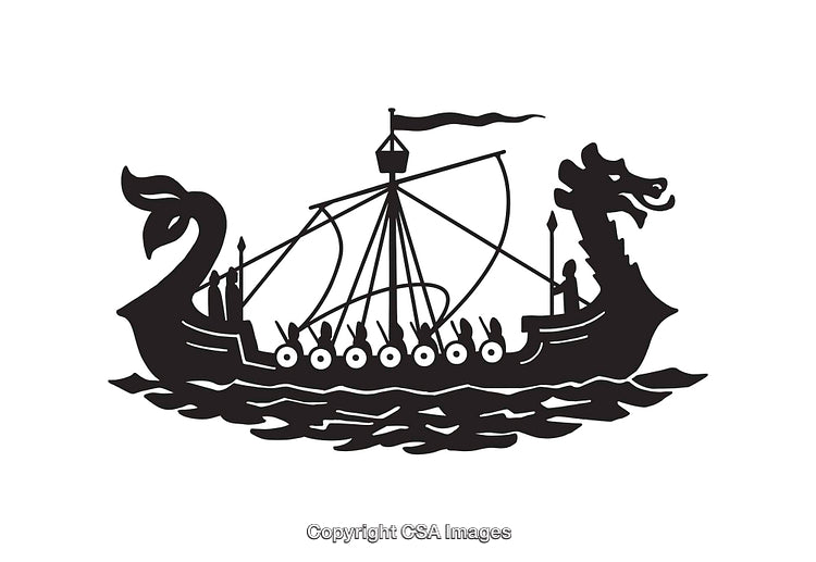 Black and White Line Art of a Viking Ship with Dragon Head