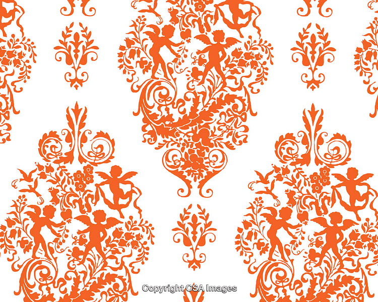 Vintage Ornate Pattern Featuring Orange Cherubs and Floral Decorations on White