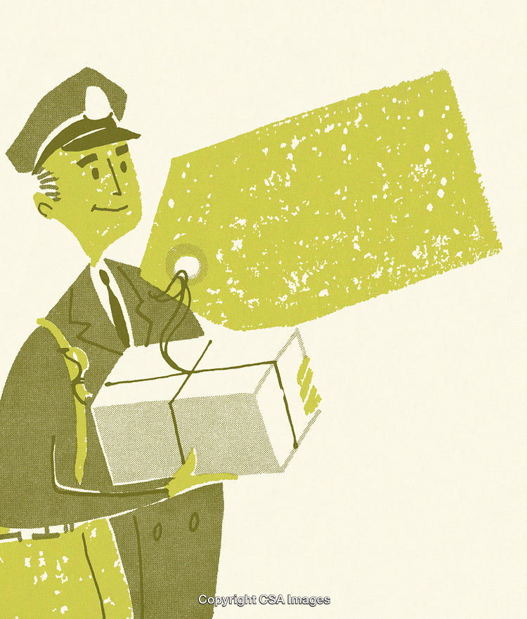 Retro Styled Postal Worker Delivering a Package with a Large Tag Symbol