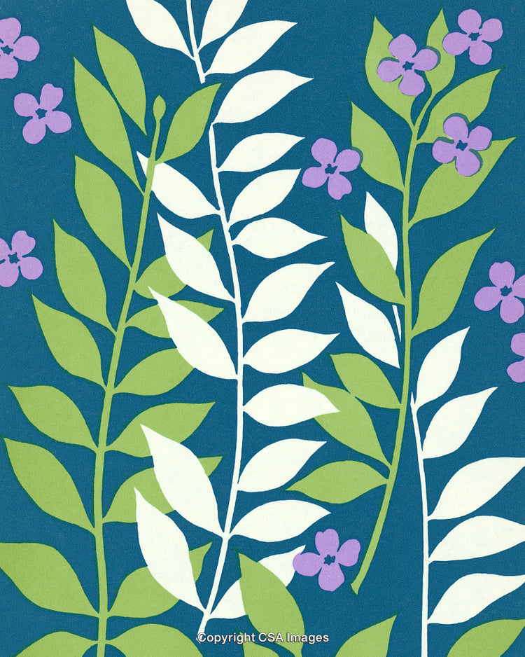 Stylized Botanical Pattern With Green Leaves and Purple Flowers on Blue Background