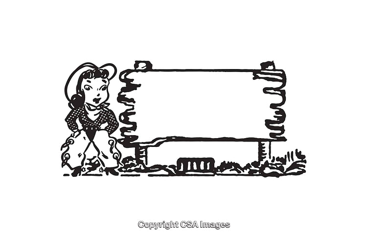 Vintage Line Art Illustration With Character and Blank Wooden Signboard