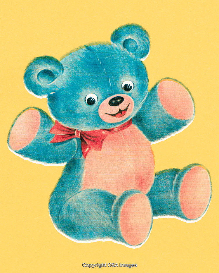 Adorable Blue Teddy Bear Illustration with Pink Details and Red Bow on Yellow