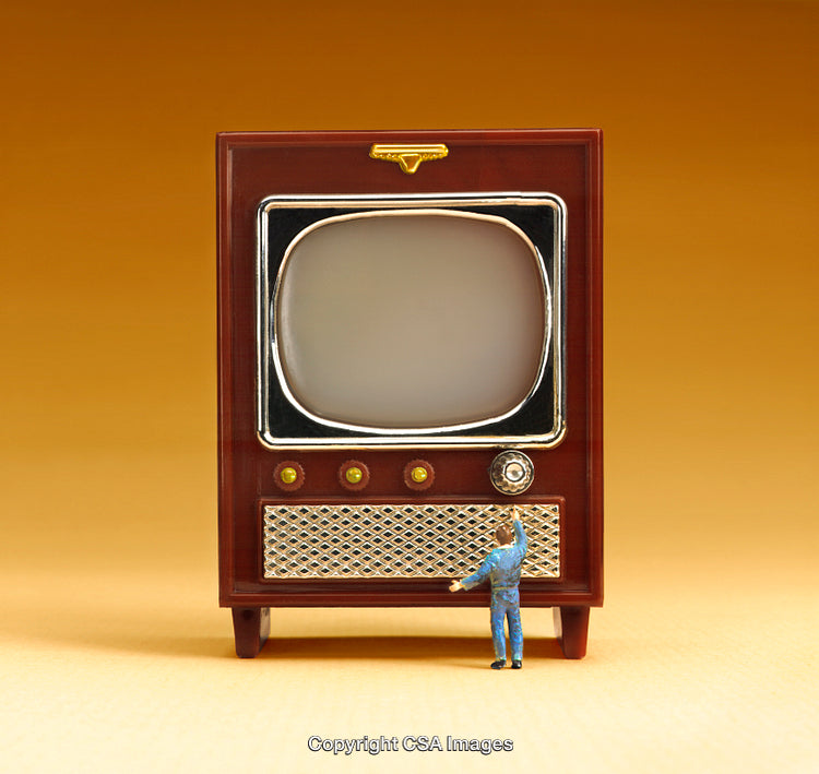 Miniature Figure Interacting with a Retro Television on a Vibrant Background