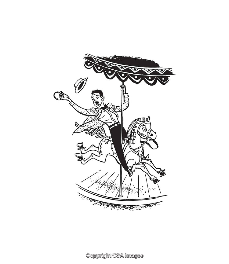Black and White Line Art of Man on a Carousel Horse