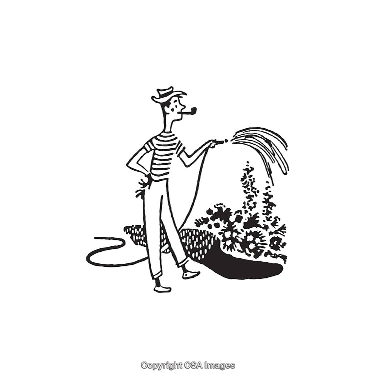 Vintage Line Art of Person Gardening with Plants and Hose