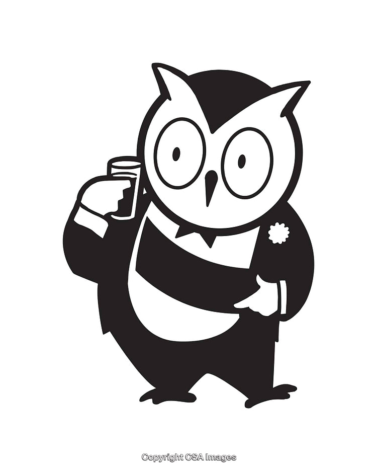 Elegant Owl Character in Tuxedo Holding Glass, Black and White Art