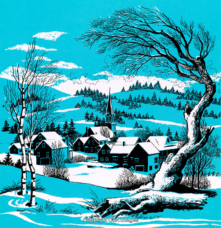 Peaceful Snowy Village Scene With Winter Trees And Church On A Calm Day
