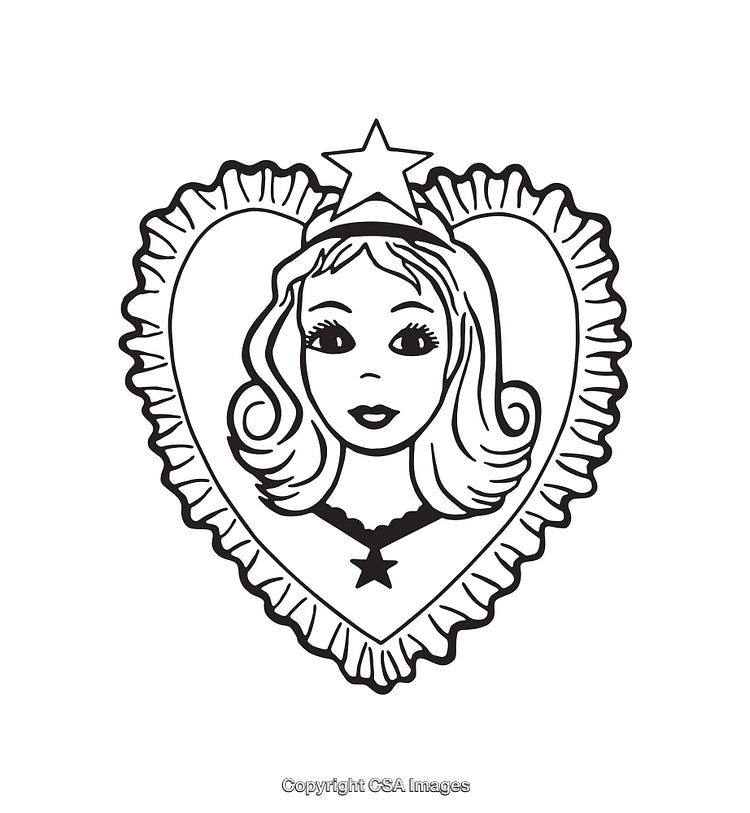 Black and White Line Art Featuring a Starred Heart and Female Portrait