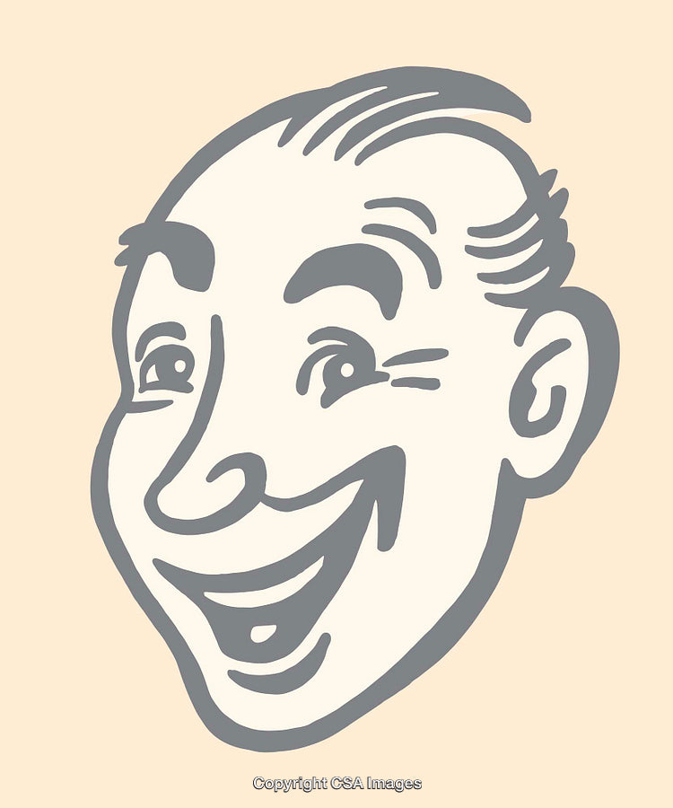 Retro Style Illustrated Face of Smiling Bald-Headed Man in Gray Tones