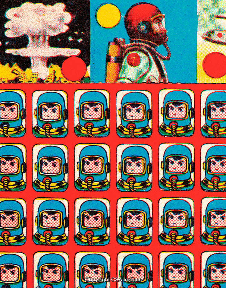 Retro Futuristic Space Exploration Collage with Astronauts and Atomic Style Graphics